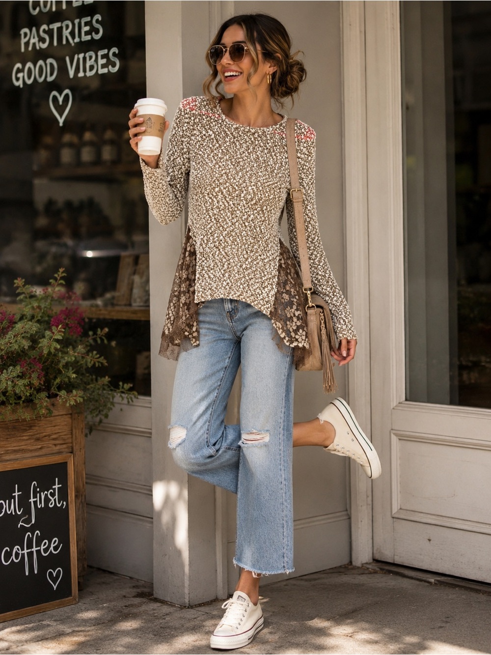 Areve Beige Floral Knit Tunic with Brown Lace Insets